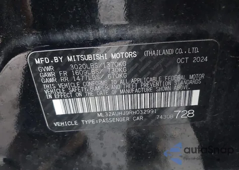2024 Mitsubishi Mirage Es/Le из США, поврежденный, VIN ML32AUHJ9RH032991